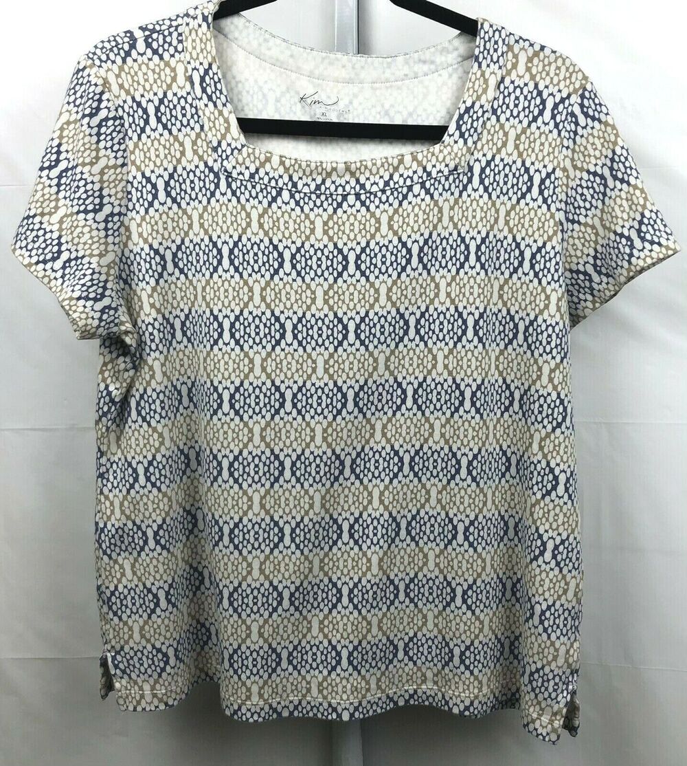 Kim Rogers Top Women XL Blue Beige Geo 100% Cotton Tee Square Neck Stretch S/S